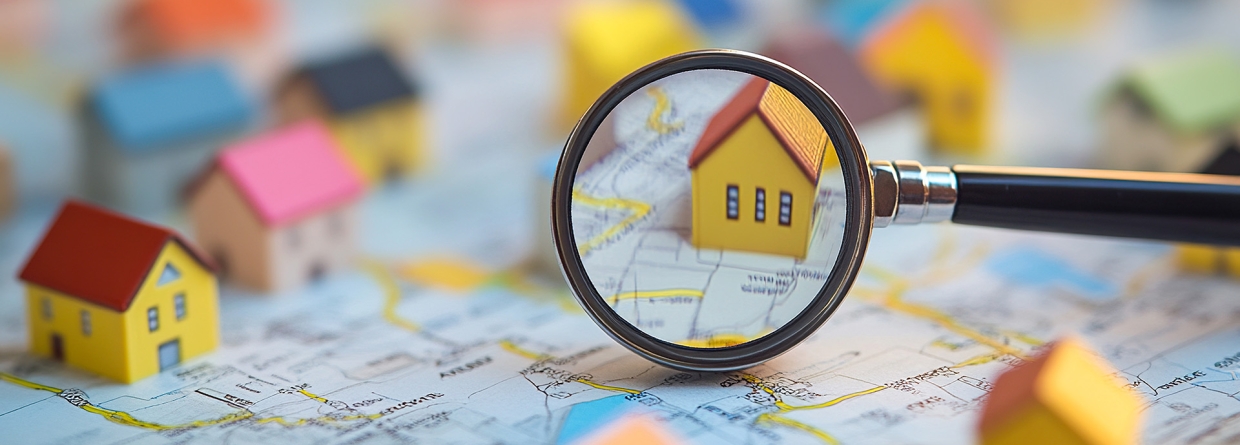 Een vergrootglas zoomt in op een huisje op een kaart met straten